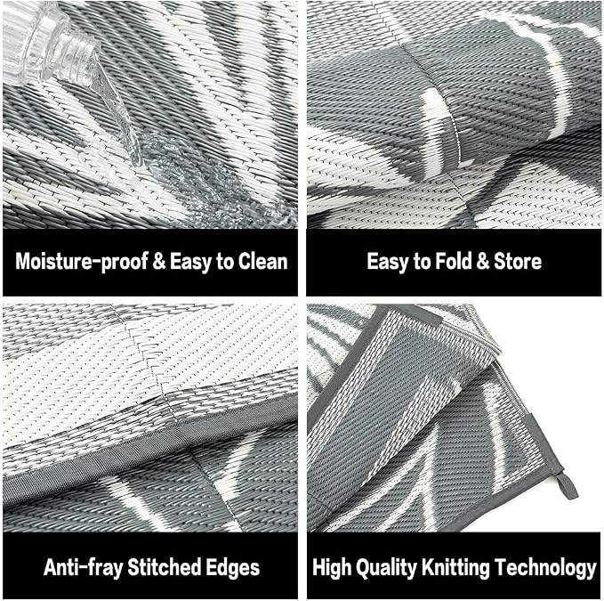 HUGEAR 9'x12' Outdoor Rug Waterproof Plastic Straw Rugs Large Grey Reversible Olive Leaf Mat Floor Carpet for Camping RV Deck Entryance Porch Picnic Balcony Beach Backyard
