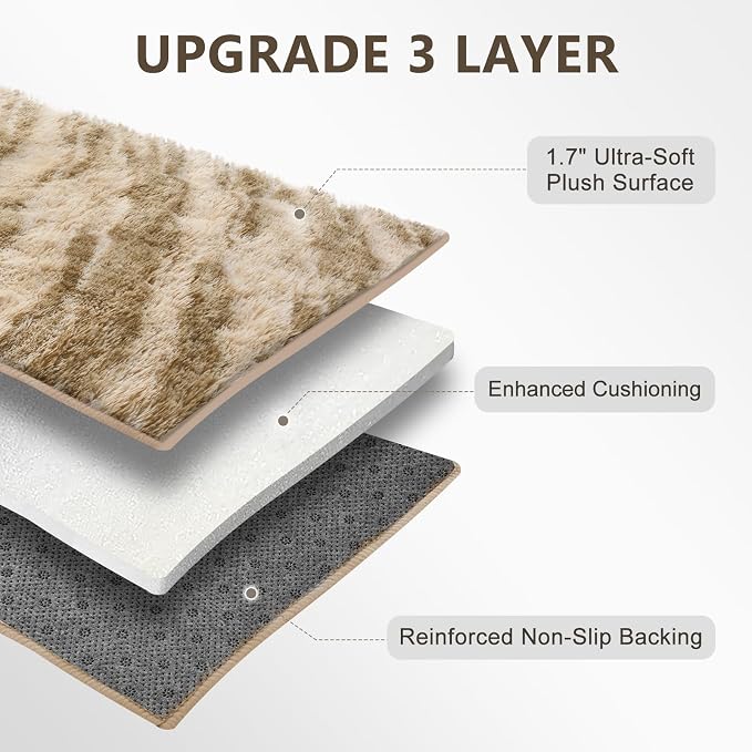 Large Shaggy 6x9 Area Rugs for Living Room Decor, Non-Slip Tie-Dyed Rugs for Bedroom Kids Playroom Dorm Room, High Pile Ultra Soft Carpet, Khaki