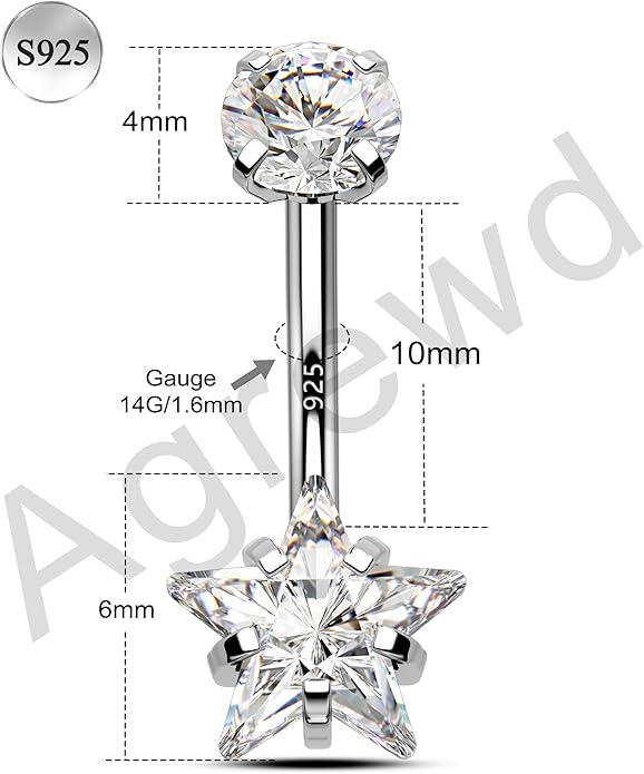 925 Sterling Silver Belly Button Rings 14G Belly Navel Rings for Women Cute Star Belly Navel Piercing Jewelry