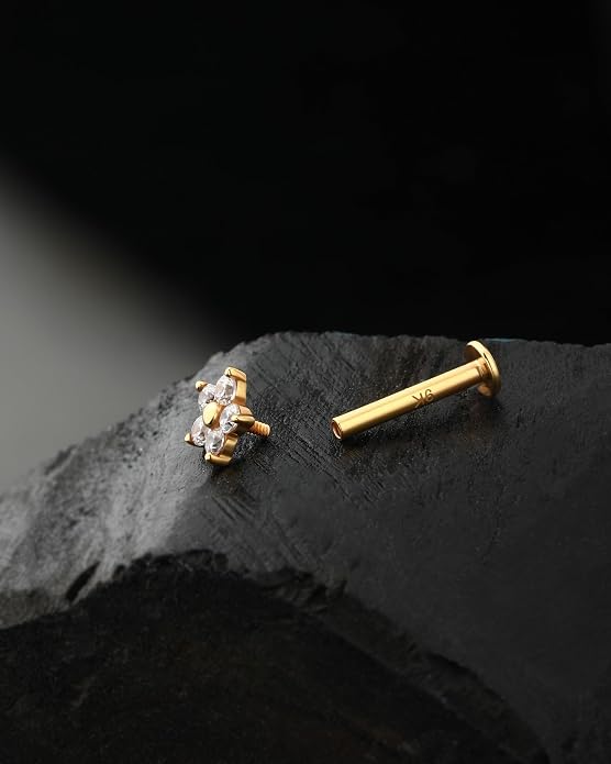 Jewseen 9K Real Solid Gold Flat Back Stud Earring 16G 8mm Internally Threaded Fine Piercing Jewelry for Helix Tragus Lobe Lip