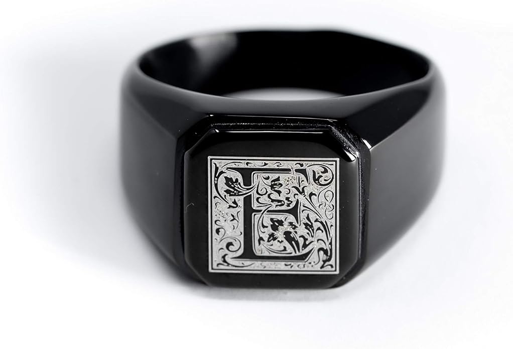 Jewelry | Stainless Steel Letter Alphabet Initial Ring | Square Flat Top Ring for Men & Women | Stainless Steel Jewelry, (Black, Gold, Silver), Size 7-16