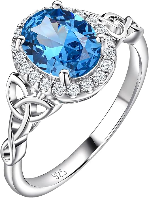 DAYBYDAY Celtic Birthstone Rings for Women 925 Sterling Silver Heart/Round/Pear/Oval Created Gemstone Moissanite Halo Engagement Promise Rings for Her Wife Birthday Anniversary Wedding Jewelry