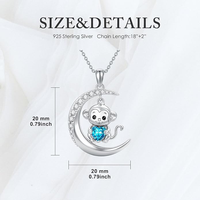 PROESS Animal Birthstone Necklace 925 Sterling Silver Otter/Axolotl/Hippo/Elephant/Dachshund/Monkey/Red Panda Pendant Necklace Animal Birthstone Jewelry Gifts for Women