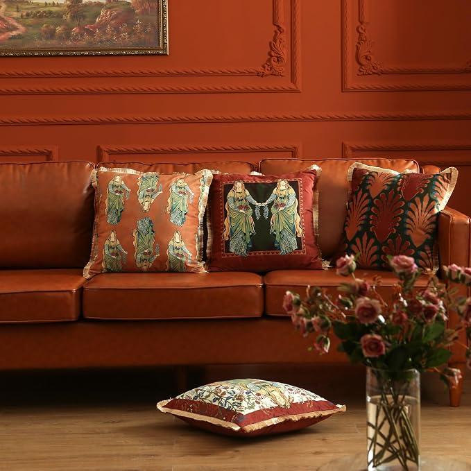 patdrea Designer French Velvet Throw Pillow Cover,Set of 4,-Oldlegend | Elegant Lumbar Pillow Case,Fringe Trim,Classic Art PatternDecor Cushion Coverfor Couch Living Room Bedroom Sofa