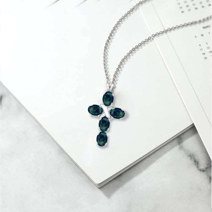 Gem Stone King Cross Pendant Necklace for Women | 925 Sterling Silver | 6X4MM Gemstone Birthstone | Jesus Christian Religious Crucifix Jewelry Gifts | 18 Inch Chain