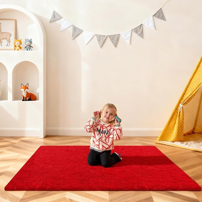 Red Rugs for Bedroom, 4x6 Fluffy Area Rugs for Living Room, Small Fuzzy Shag Soft Non-Slip Carpet for Kids Girls and Boys Nursery Dorm Indoor Room Home Decor (4ft X 6ft, Red)