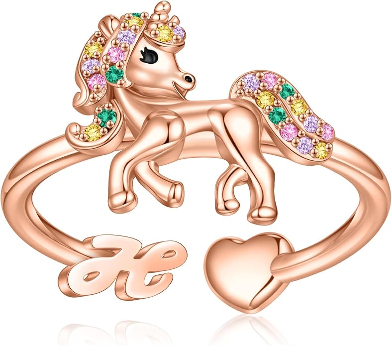 Unicorn Initial Rings for Teen Girls, Rose Gold/White Gold Plated Heart Initial Rings for Girls Adjustable Stackable Rings for Women Diny Heart Ring for Teen Girls Gifts Unicorns Gifts for Girls
