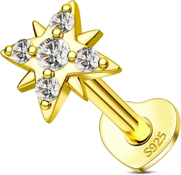 COCHARM 14K Gold Plated Cartilage Earrings Stud 16G Star 925 Sterling Silver Helix Tragus Earrings Surgical Steel Flat Back Earrings for Women