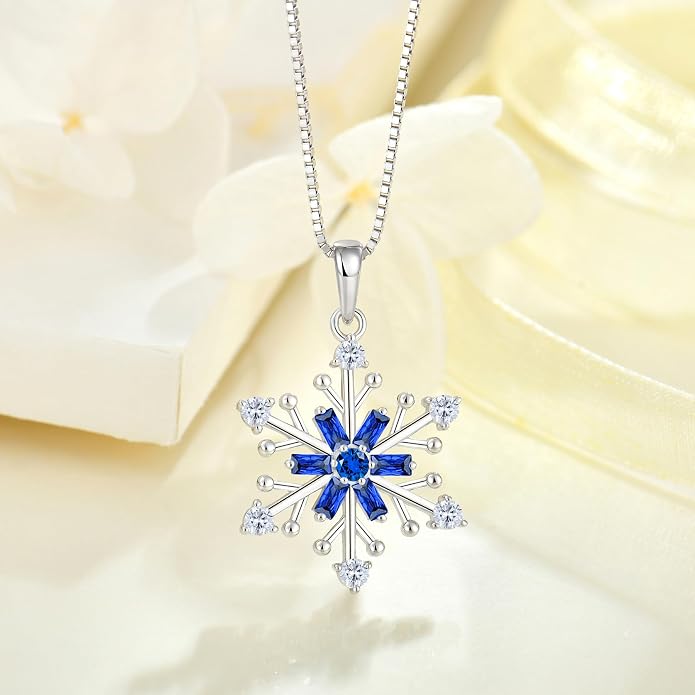 925 Sterling Silver Snowflake Necklace Birthstone Snowflake Pendant Necklaces for Women Cubic Zirconia Christmas Jewelry