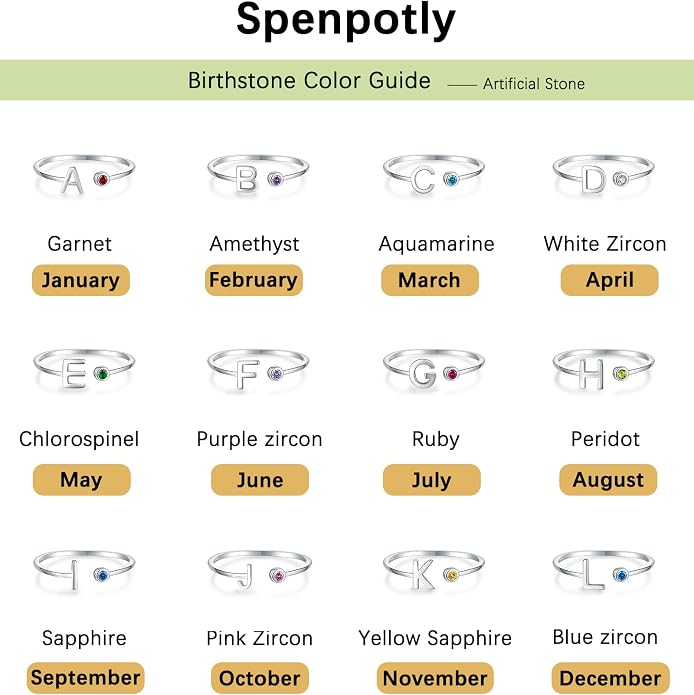 925 Sterling Silver Initial Letter Birthstone Rings for Women Adjustable 1-12 Month Birthstone Alphabet Stacking Ring for Teens Girls Stackable Birthstone Rings Birthday Jewelry Gift for Daughter Mom