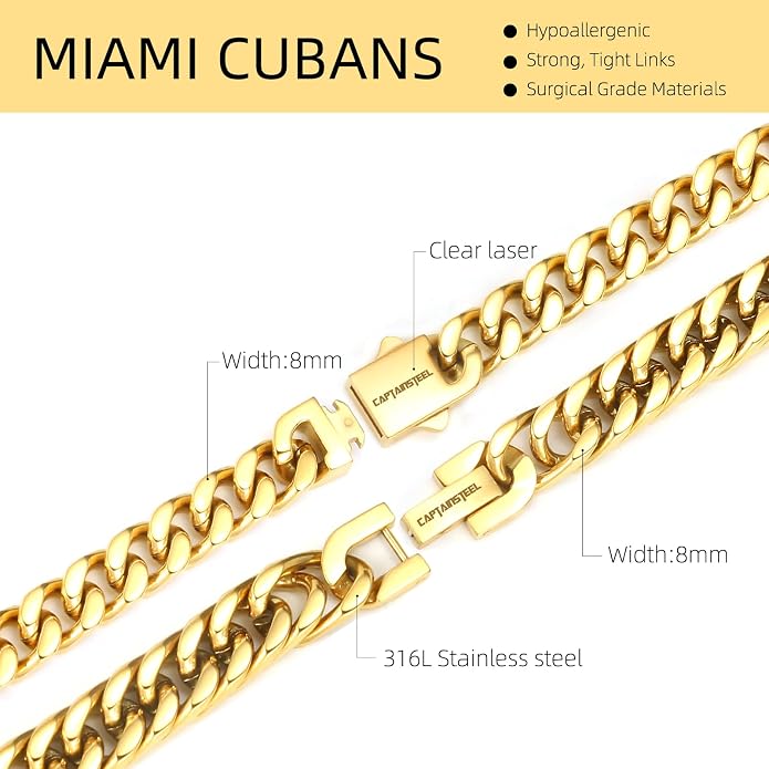 CaptainSteeL 2Pcs Cuban Link Chain Bracelet Set - Stainless Steel Bracelet, Gold Plating, Fashion Jewelry for Men, Women, Boyfriend, Lover, 7.5/8.3/9 Inches