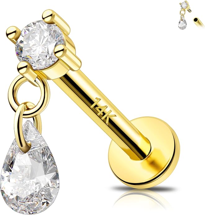 MeIighting 14K Solid Gold Helix Earring Clear CZ, Dangle Internal Thread Flat Back Earring, Teardrop Heart Round Cartilage Tragus Conch Piercing Jewelry for Women 6/8 mm