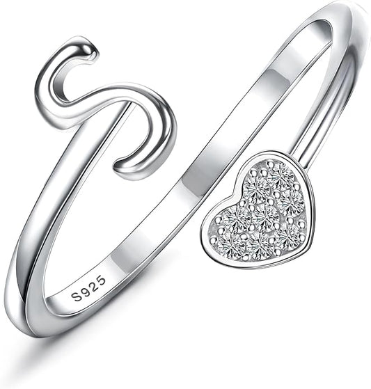 MILACOLATO 925 Sterling Silver Initial Rings for Women Teen Girl 18K Gold Plated Heart Initial Rings Adjustable Capital Letter Ring Stackable Thumb Pinky Rings for Daughter Birthday Bridesmaid Gifts Jewelry, A to Z