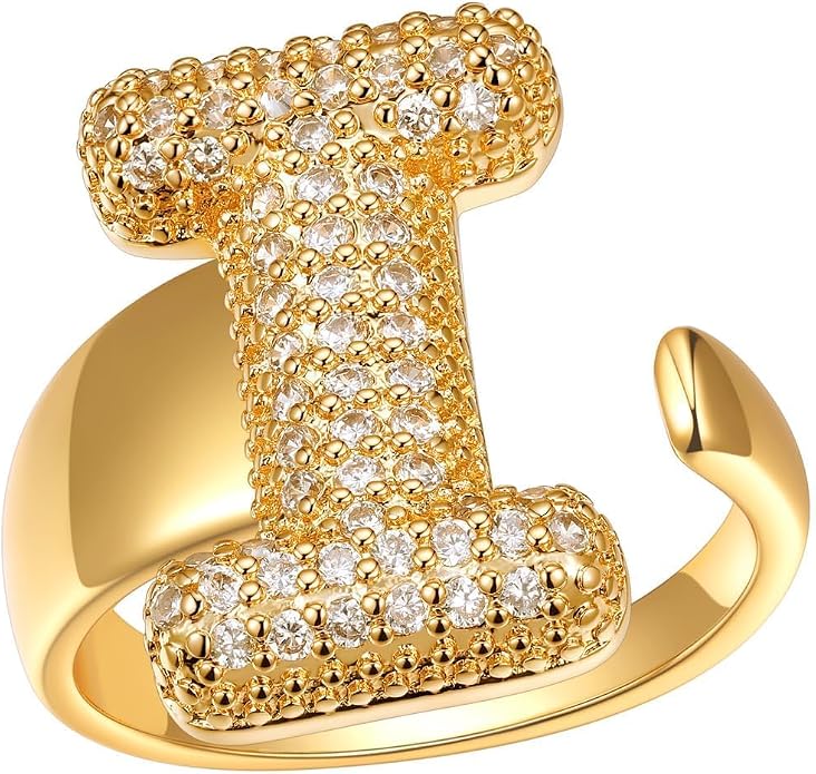 FindChic Initial Ring for Women, Gold Plated Chunky Letter Rings Open Adjustable Trendy Sparkling Cubic Zirconia Personalized Statement Rings Jewelry Gift