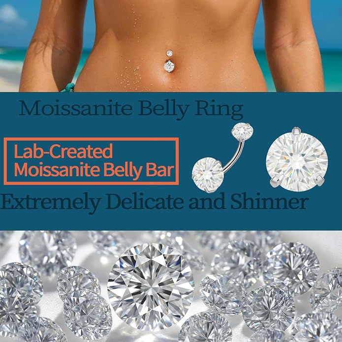 Sparkling Moissanite Belly Button Ring, 14G G23 Surgical Grade Titanium with 14K Gold Plated | Internally Threaded & Hypoallergenic for Sensitive Skin | Unisex Body Jewelry