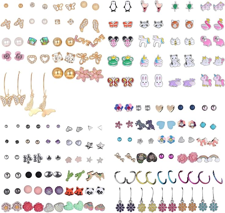 NEWITIN 100 Pairs Colorful Cute Earrings for Girls Sensitive Ears Hypoallergenic Girl Stud Earrings Set Stainless Steel Cartoon Stud for Girls and Women