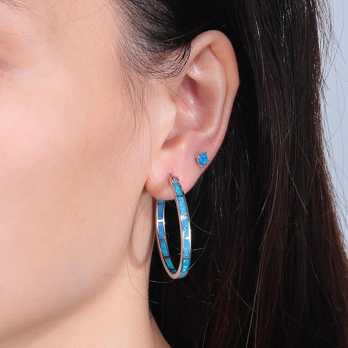 CiNily Opal Hoop Earrings,Women Jewelry Rhodium Plated/Rose Gold or Yellow Gold Plated Gemstone Big Hoop Earrings 32mm