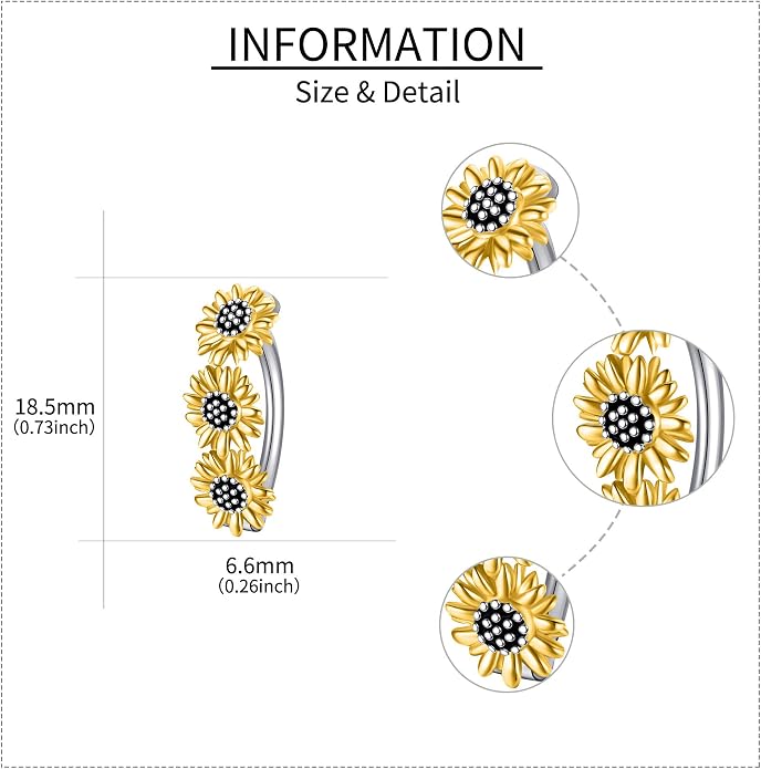 Sunflower Daisy Belly Button Ring Dangle Hoop 925 Sterling Silver Hypoallergenic Belly Button Piercing Body Navel Rings Sexy Belly Button Jewelry Gifts for Women (14G)