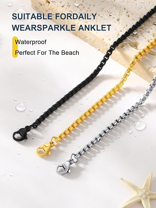 ChainsPro Resizable Anklet Chain for Women Men, Figaro/Wheat/Twist Rope/Cuban Foot Bracelet-Strong with Good Clasp-18K Gold Plated(Send Gift Box)