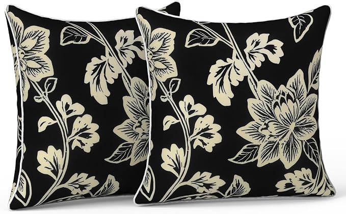 LVTXIII Set of 2 Patio Throw Pillows Waterproof 16"x16" Fade Resistant Outdoor Throw Pillow with Inserts,Decorative Garden Toss Pillow Cushions for Home Patio Sofa Use, Elegant Vines Black