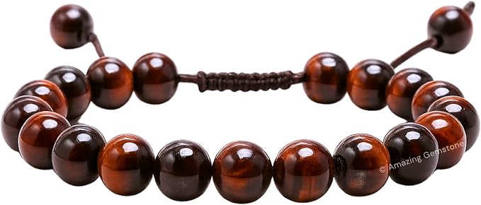 Amazing Gemstone Red Tiger Eye Bracelet, Gifts for Men & Women - Protection Healing Crystal Bracelet - 8mm Gemstone Beaded Adjustable Bracelet, Pulseras para Hombres Mujer Stocking Stuffers
