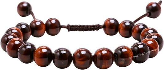 Amazing Gemstone Red Tiger Eye Bracelet, Gifts for Men & Women - Protection Healing Crystal Bracelet - 8mm Gemstone Beaded Adjustable Bracelet, Pulseras para Hombres Mujer Stocking Stuffers