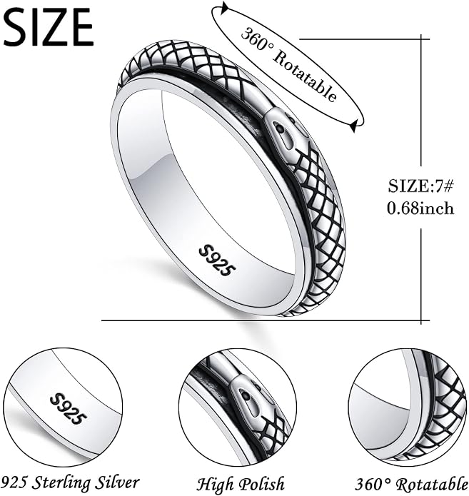 Alphm S925 Sterling Silver Spinner Fidget Anxiety Worry Relieving Boredom ADHD Autism Band Rings