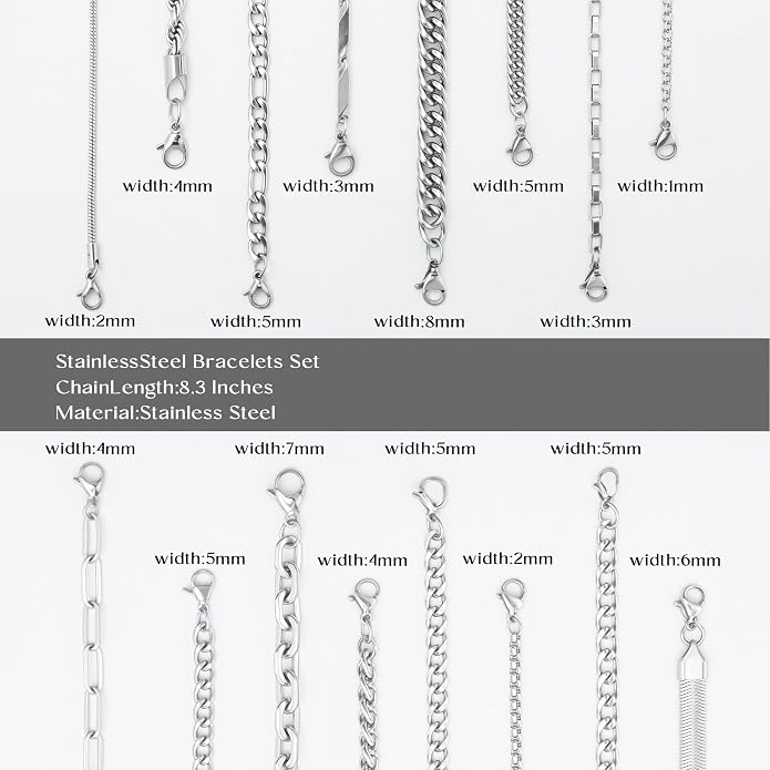 Chain Bracelet for Men Stainless Steel Cuban Link Curb Figaro Herringbone Rope Paperclip Snake Byzantine Curb Chunky Chain Silver Bracelets Jewelry Set for Men 8.3 Inches