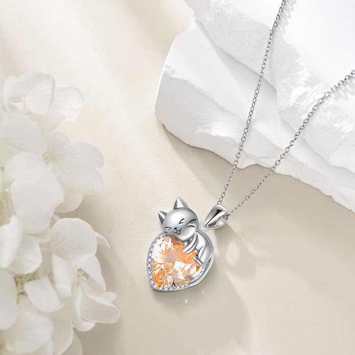 Cat Necklace Sterling Silver Cat Zircon Pendant Gothic Jewelry for Women Animal Lovers Gifts