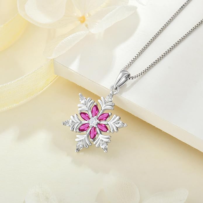 925 Sterling Silver Snowflake Necklace for Women Birthstone Snowflake Pendant Necklace Cubic Zirconia Christmas Jewelry