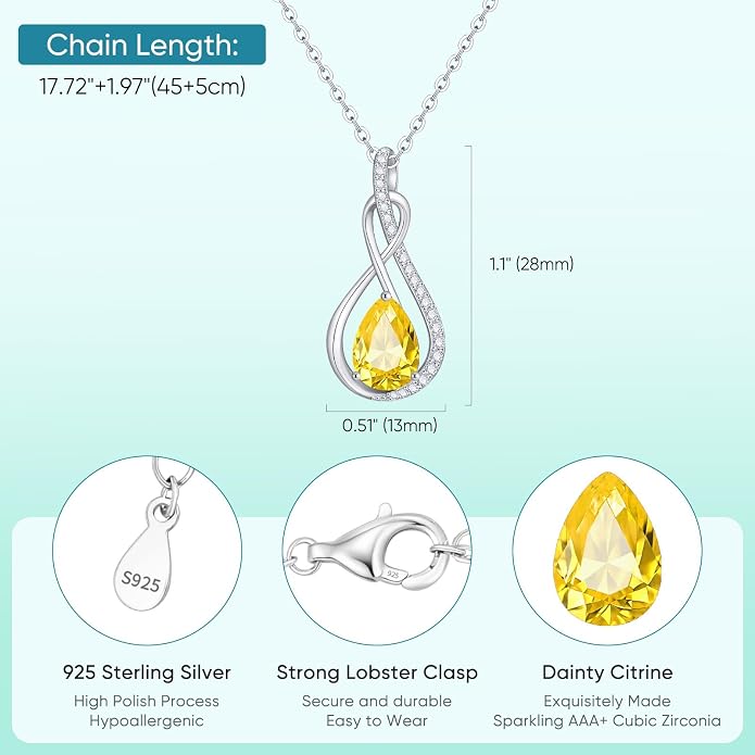 Birthstone Necklaces for Women Mothers - 925 Sterling Silver Dainty Infinity Cubic Zirconia Pendant Necklace Anniversary Birthday Christmas Gifts for Her Wife Mom Lady Daughter, Adjustable Chain