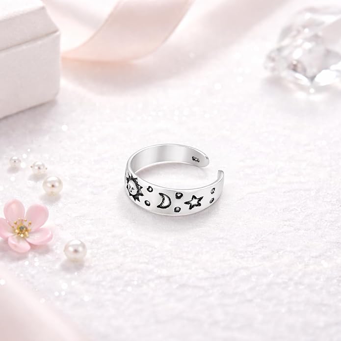 AeraVida .925 Sterling Silver Adjustable Toe Ring or Pinky Ring 5mm Wide Open Band, Stackable Minimalist Summer Foot Jewelry | Sun Moon Star Turtle Butterfly Leaf Olive Branch Ocean Wave Yin Yang Design