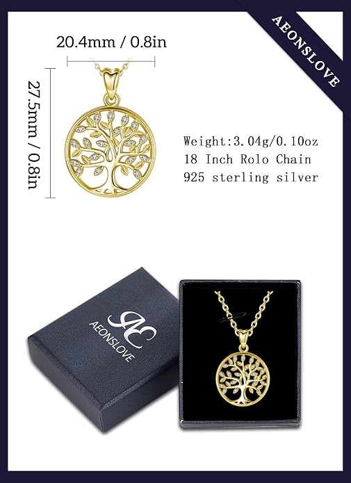 AEONSLOVE Tree of Life Necklace 925 Sterling Silver, Family Tree of Life Pendants Jewelry Gifts for Women Wife Mother, 18 Inch Chain