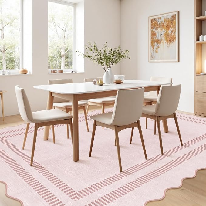 Pink Rugs for Bedroom Girls, 6x9 Washable Non Slip Area Rugs for Living Room, Soft Vintage Ultra-Thin Scalloped Carpet for Nursery Dorm Home Decor