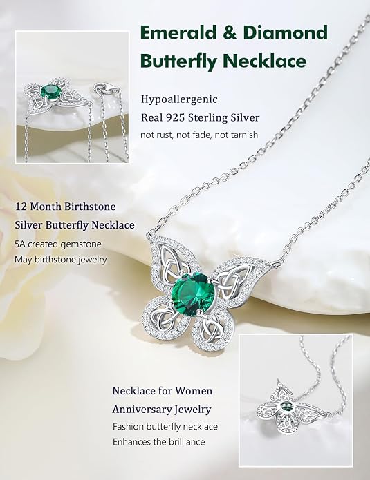 925 Sterling Silver Birthstone Necklaces for Women, Dainty Cute Dragonfly/Butterfly Pendant Necklace, Great Christmas/Anniversary Jewelry for Mother