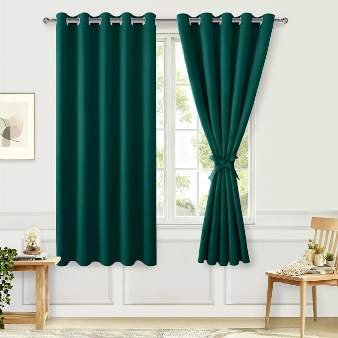 Hiasan Blackout Curtains for Bedroom, 60 x 63 Inches Length - Thermal Insulated & Energy Saving Window Curtains for Living Room, 2 Drape Panels Sewn with Tiebacks, Hunter Green
