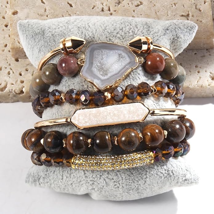 Yomisa 5PCS 6PCS Natural Boho Beaded Bracelets/Bangle for Women Men,Healing Turquoise Jasper Agate Crystal Gemstone Stone Chakra Multilayer Wrap Bohemian Handmade Jewelry Beads Stretch Bracelet Set