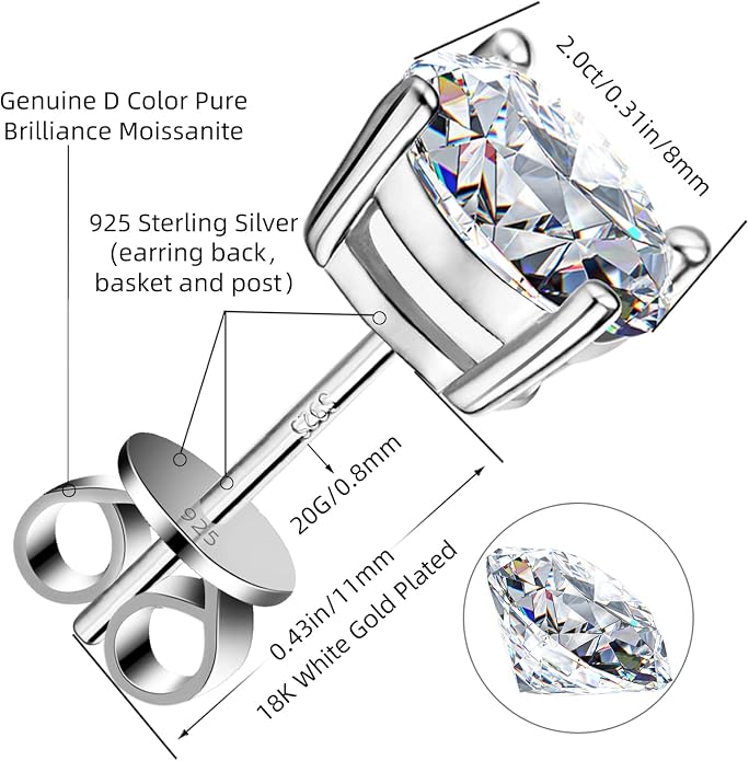 Moissanite Stud Earrings GRA 925 Sterling Silver Earrings for Men 18K White Gold Plating Earrings for Women,wedding earrings(0.3Ct-4Ct)