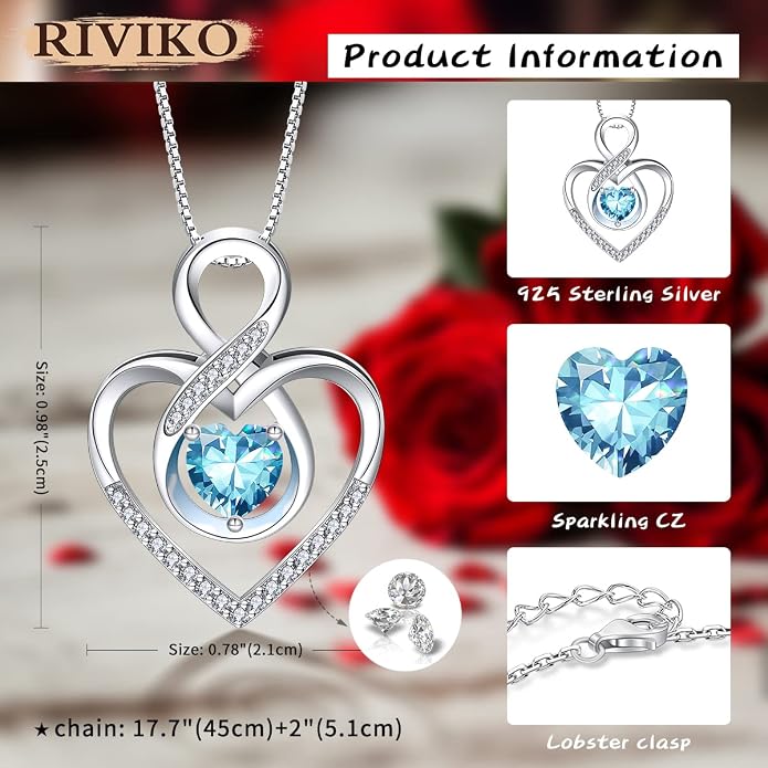 RIVIKO Infinity Heart Symbol Necklace for Women 925 Sterling Silver Love Heart Pendant Mothers Day Anniversary Birthday Christmas Jewelry Gifts for Women Mom Wife Sister Her Friends