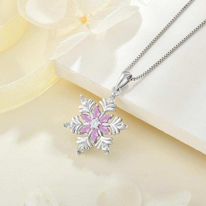 925 Sterling Silver Snowflake Necklace for Women Birthstone Snowflake Pendant Necklace Cubic Zirconia Christmas Jewelry