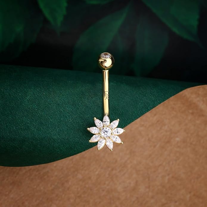 COCHARM 14K Real Gold Flower Belly Button Rings for Women Cute 14K Solid Gold Petal Navel Rings Dainty 14Kt Yellow Gold Belly Button Piercing Jewelry Nickel Free