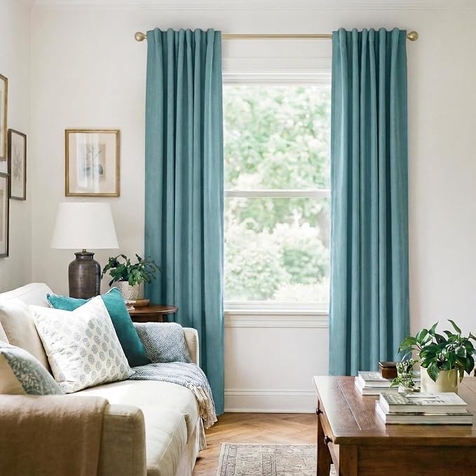 INOVADAY 100% Blackout Curtains 90 Inches Length 2 Panels Set, Back Tab/Rod Pocket Linen Black Out Curtains for Bedroom, Thermal Insulated Window Drapes - Teal, W50 X L90