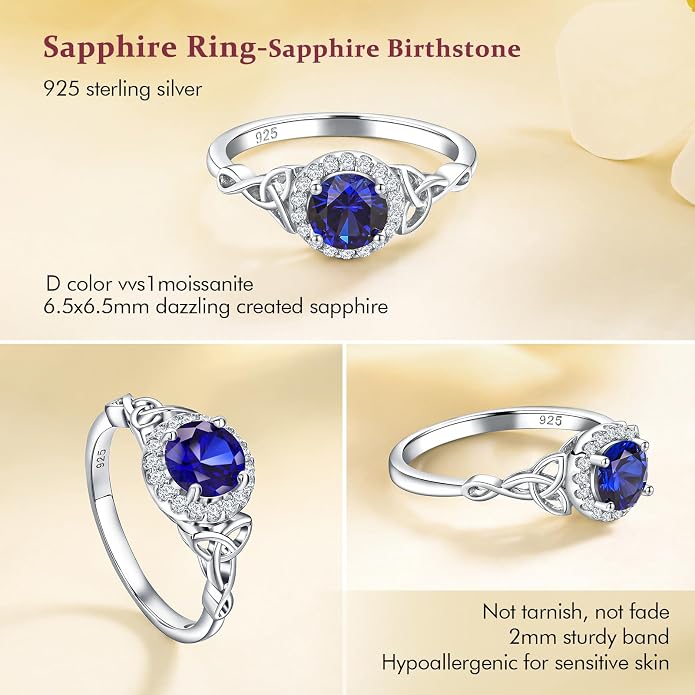 DAYBYDAY Celtic Birthstone Rings for Women 925 Sterling Silver Heart/Round/Pear/Oval Created Gemstone Moissanite Halo Engagement Promise Rings for Her Wife Birthday Anniversary Wedding Jewelry