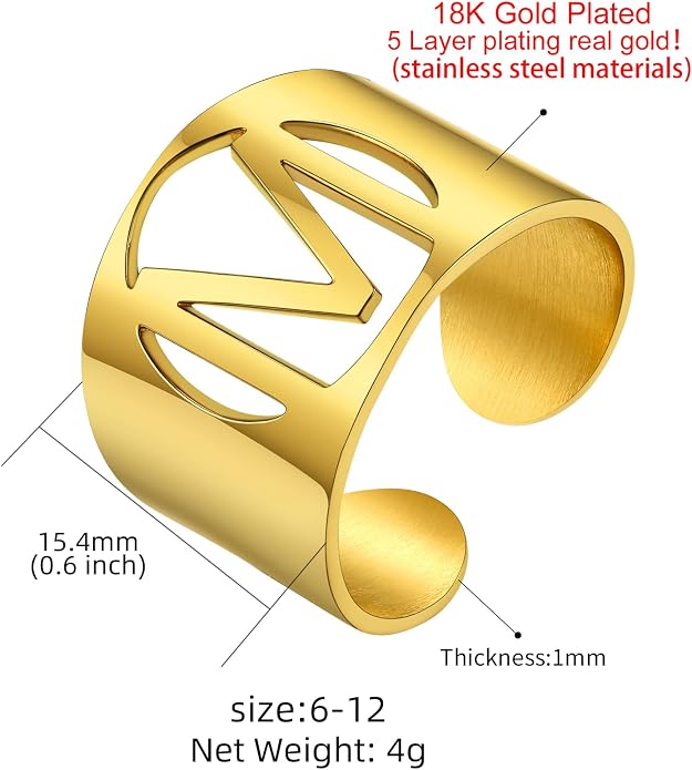 KeyStyle Bold Initial Letter Rings Adjustable, GoldChic Jewelry Women Gold Statement Ring Personalized Engraved Women’s Open Signet Ring for Party (Gold, White Gold, Black)