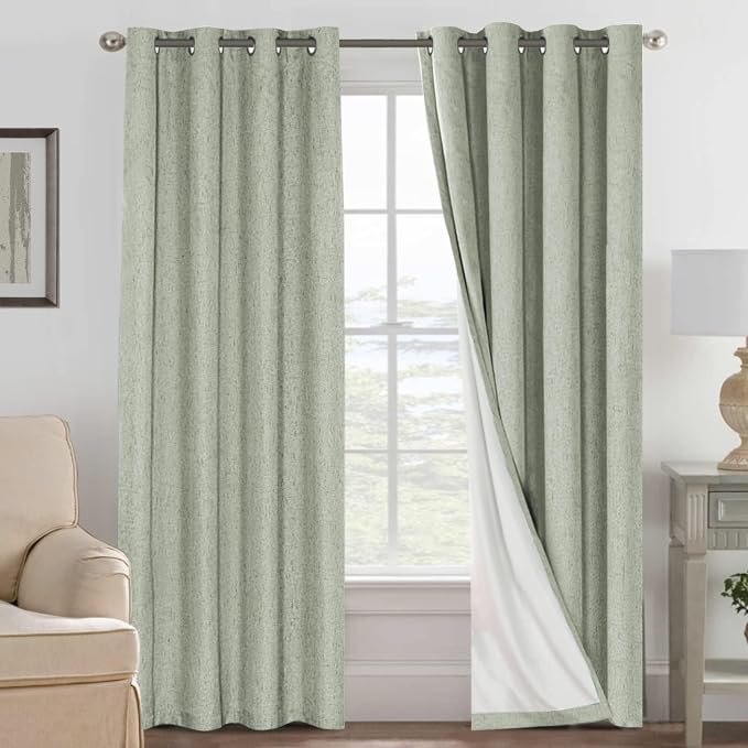 H.VERSAILTEX Linen Curtains 100% Blackout Curtains for Bedroom 102 inch Long Full Light Blocking Nature Linen Blended Window Curtains for Living Room Nickel Grommet (2 Panels, Sage)