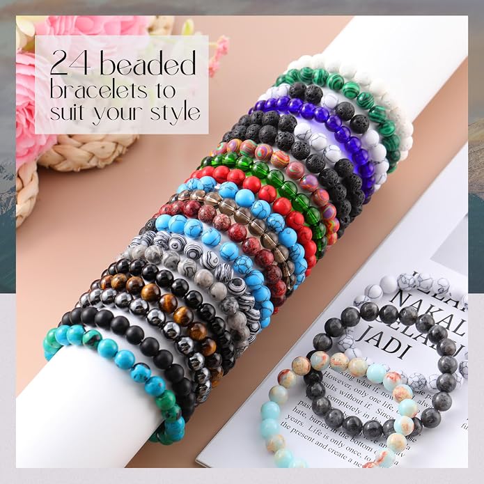 Landical 24 Pcs Gemstones Beaded Bracelets Bulk for Women Men 8mm Stretch Round Semi Precious Stone Bracelets Set