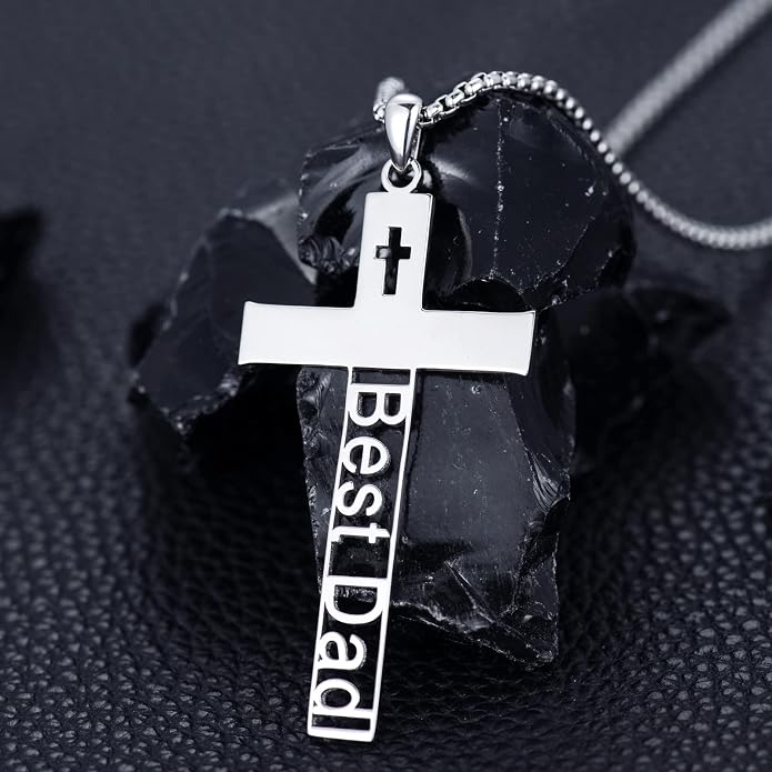 KXJ S925 Sterling Silver Black Cross/Best Dad/Baseball Bat/Silver Cross/Ankh Cross/Crucifix with 22+2 Inches Stainless Steel Rolo Chain Cross Necklace for Men Women Christian Religious Jewelry Gifts
