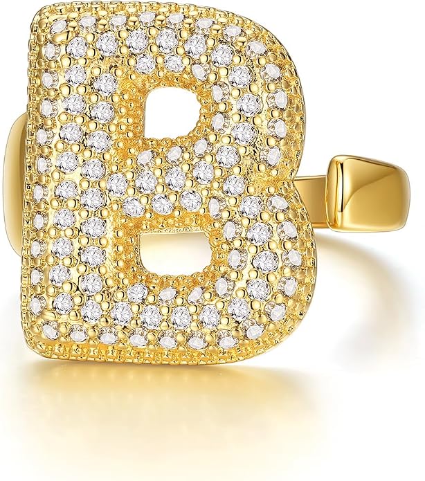 KeyStyle Bold Initial Letter Rings Adjustable, GoldChic Jewelry Women Gold Statement Ring Personalized Engraved Women’s Open Signet Ring for Party (Gold, White Gold, Black)
