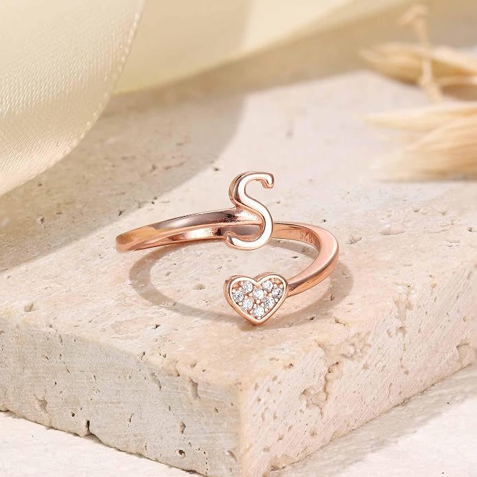 MILACOLATO 925 Sterling Silver Initial Rings for Women Teen Girl 18K Gold Plated Heart Initial Rings Adjustable Capital Letter Ring Stackable Thumb Pinky Rings for Daughter Birthday Bridesmaid Gifts Jewelry, A to Z