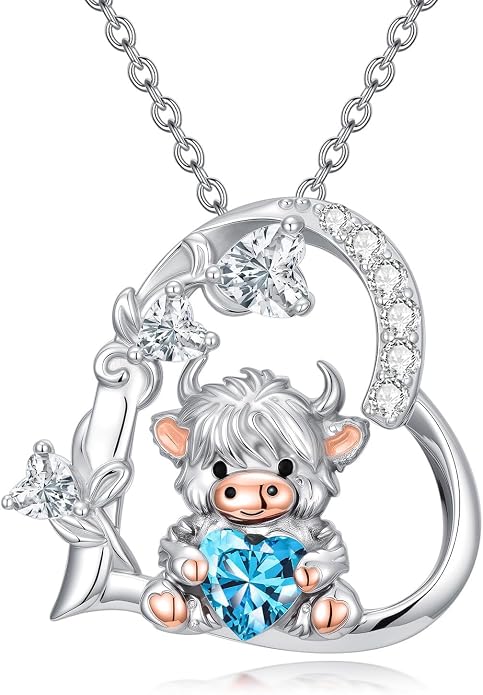 PELOVNY Teddy Bear Necklace for Women 925 Sterling Silver Bear/Highland Cow/Fox/Cat/Axolotl Birthstone Necklace Christmas Birthday Jewelry Gifts for Mom Daughter Wife Sister